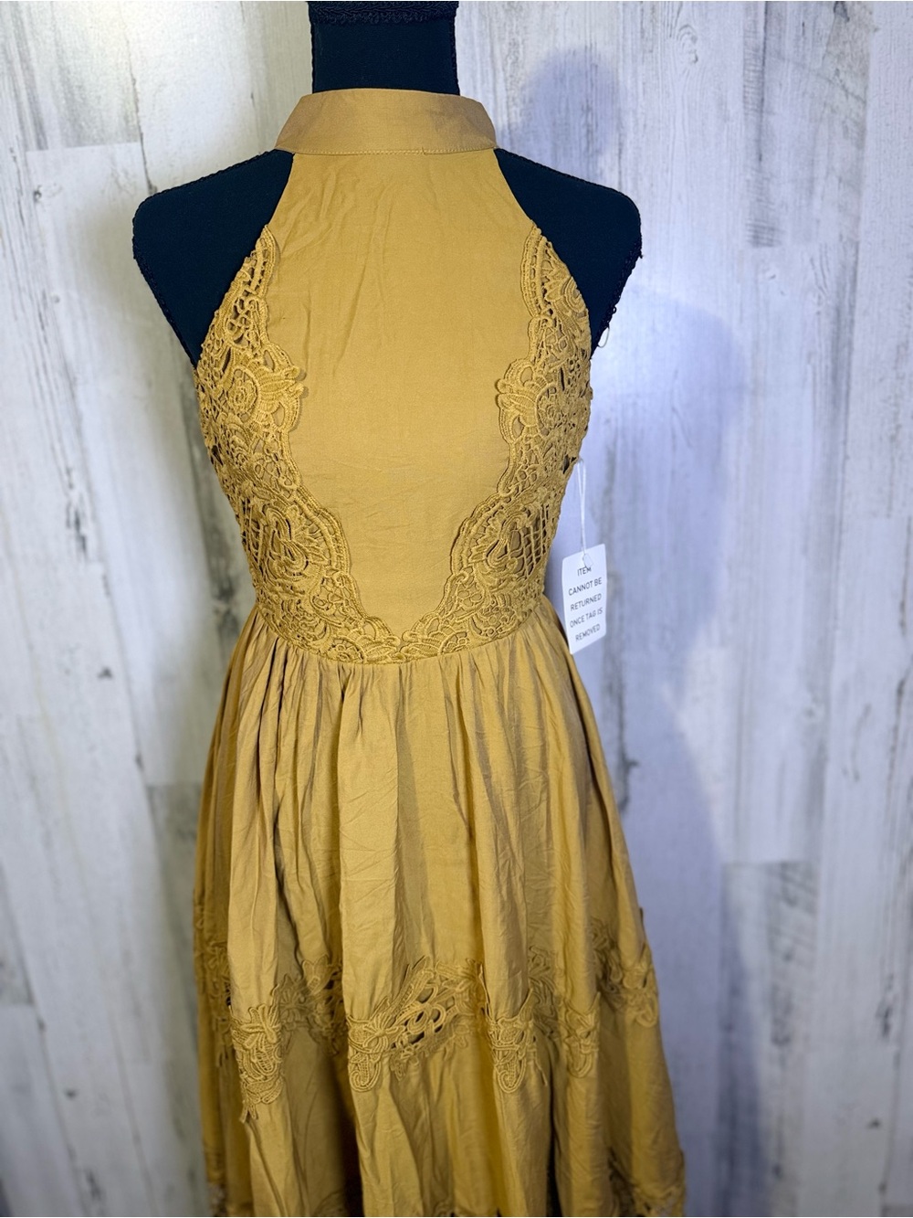 Joyfolie Mustard Yellow Lace Halter Maxi Dress Sz XXS NWT Open Back Boho - Picture 8 of 16